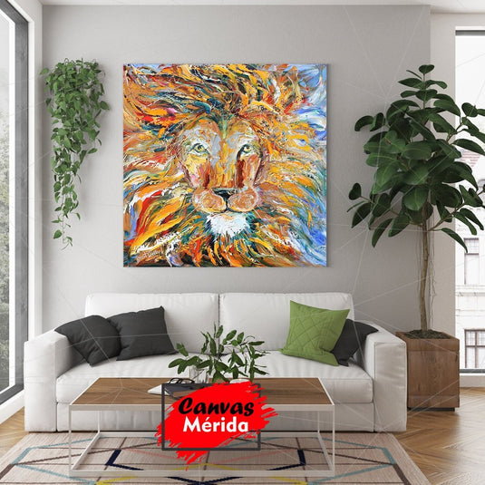 Retrato expresionista de león con melena en colores vibrantes