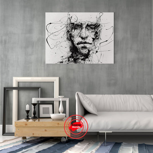 cuadro moderno en blanco y negro con rostro masculino abstracto – arte minimalista expresivo con salpicaduras y líneas caóticas