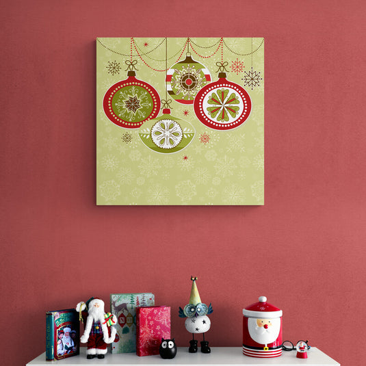 Adornos navideños colgantes en diseño gráfico verde y rojo
