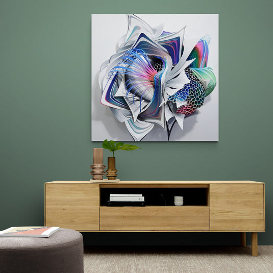 Flor de papel y libros en composición futurista con ondas cromáticas, realismo en spray, estilos seapunk y yup'ik