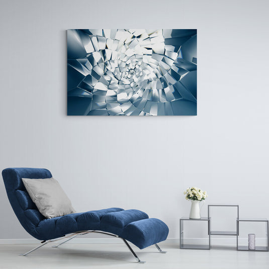 Escultura fractal caleidoscópica en tonos azules metálicos para decoración moderna