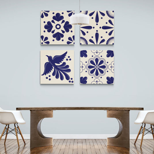 Cuarteto decorativo de azulejos de Talavera azul cobalto de Yucatán