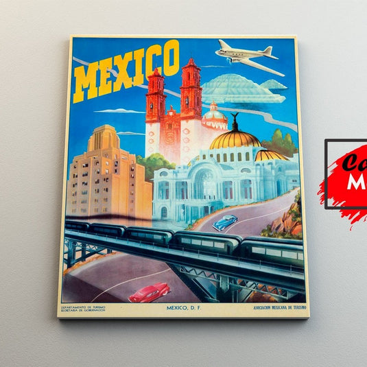 Cartel turístico vintage de Ciudad de México con monumentos y transporte clásico