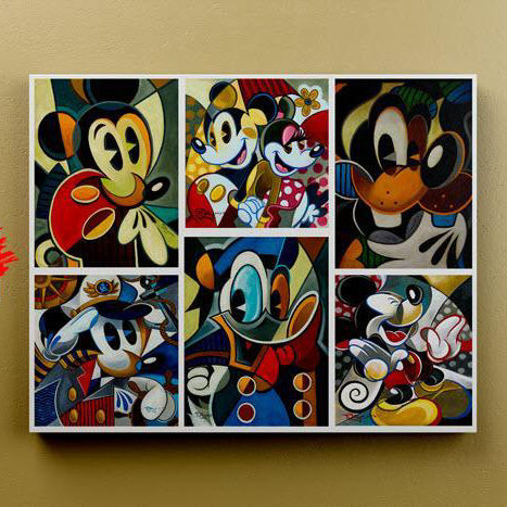 cuadro estilo cubista con personajes clásicos de Disney – Mickey, Minnie, Goofy y Donald en arte pop moderno colorido