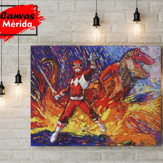 cuadro artístico del Power Ranger Rojo con Dinozord en estilo Van Gogh – arte geek colorido con fondo de fuego y trazos intensos