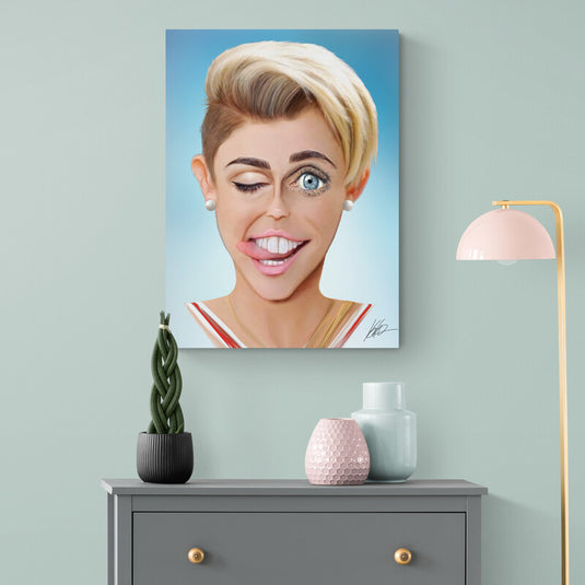 Cuadro decorativo caricatura moderna – retrato humorístico estilo pop art con colores vivos y fondo azul claro