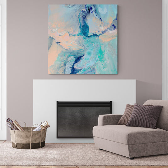 Cuadro abstracto con tonos suaves de azul, turquesa y rosa, evocando texturas minerales