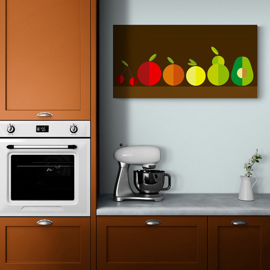 Frutas estilizadas en fila sobre fondo oscuro