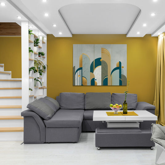 Cuadro decorativo en fondo gris claro, resaltando estructuras en tonos verdes, amarillo, turquesa claro, grises intensos y acentos blancos