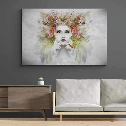 Cuadro artístico de rostro de mujer en gris con labios rojos y elementos naturales en tonos verde, rosa y beige