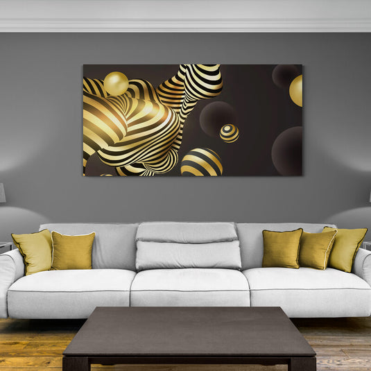 Cuadro decorativo con fondo negro, círculos en tonos negros y amarillos, y formas abstractas combinando negro y amarillo.