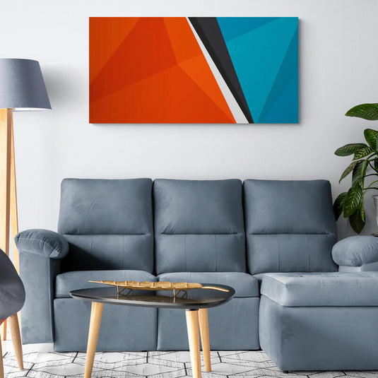 Cuadro decorativo minimalista con fondo naranja, línea blanca seguida de negra y segmento en color azul.