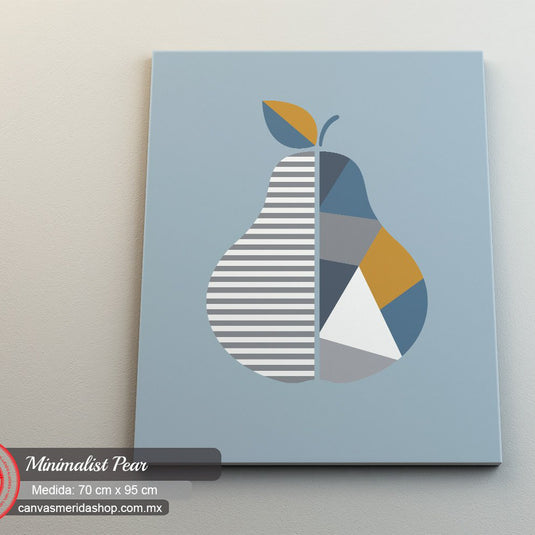 Cuadro minimalista de pera dividida con diseño rayado blanco y gris junto a paleta cromática amarillo-azul sobre fondo azul