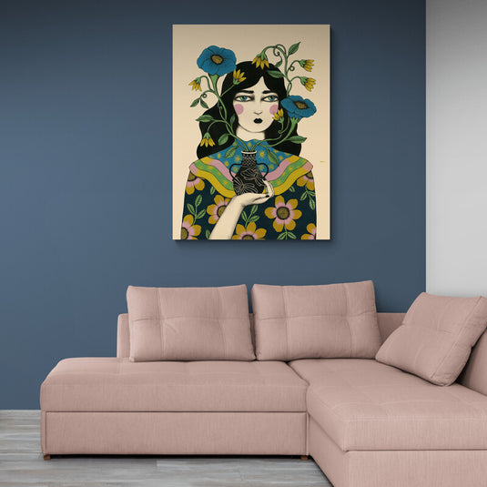 Retrato ilustrativo de mujer con motivos florales Art Nouveau sosteniendo un jarrón