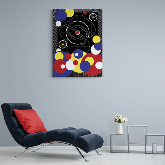 Composición abstracta con círculos de colores primarios y líneas geométricas sobre fondo negro