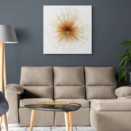 Cuadro moderno minimalista con diseño radial dorado sobre fondo blanco, arte contemporáneo para sala elegante.