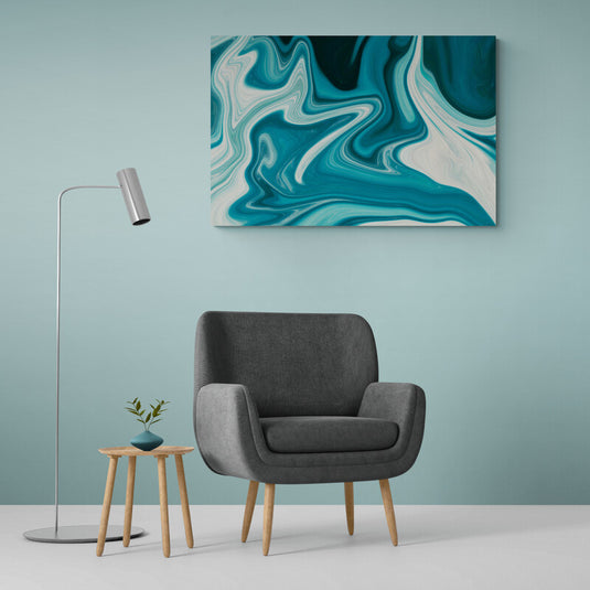 Cuadro abstracto con diseño fluido en tonos turquesa, verde esmeralda y blanco