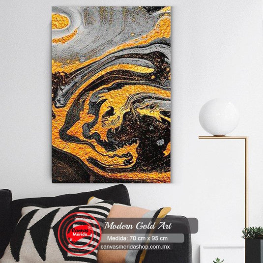 Cuadro abstracto moderno en tonos dorados y negros para decoración elegante