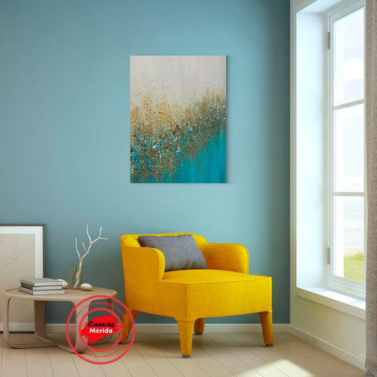 "Cuadro abstracto dorado y turquesa estilo moderno para decoración de interiores