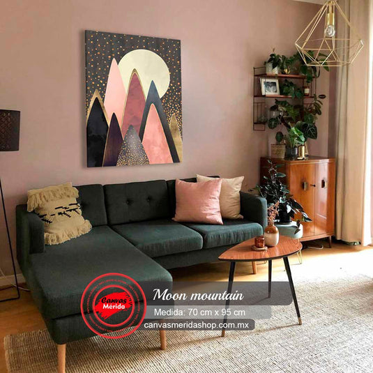 Cuadro decorativo Moon Mountain con montañas geométricas y luna dorada para sala moderna