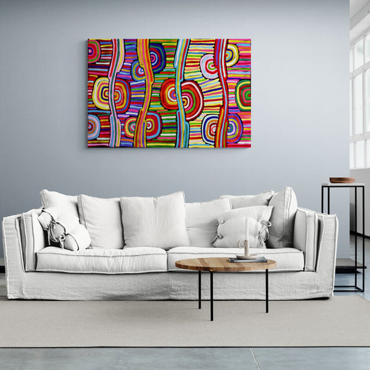 Cuadro abstracto con patrones circulares y líneas multicolores sobre fondo vibrante y dinámico