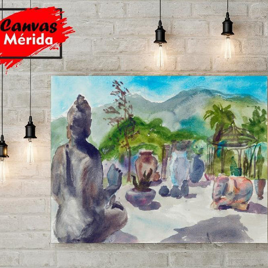 Cuadro decorativo estilo acuarela con estatua de Buda sentado de espaldas, rodeado de árboles, palmas y vasijas.