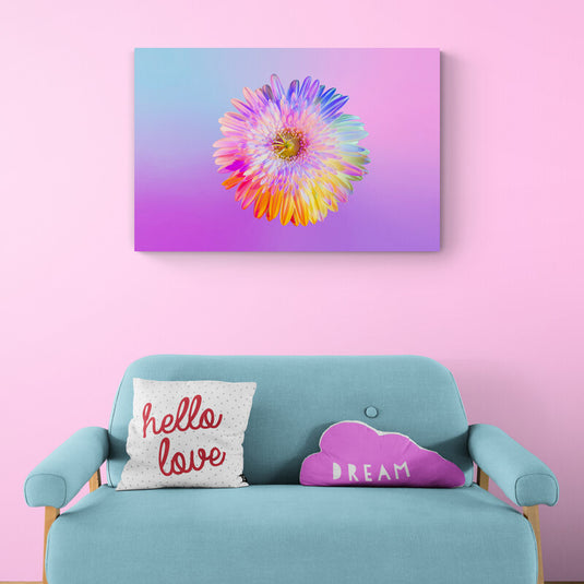 Margarita vibrante con pétalos multicolores sobre fondo degradado