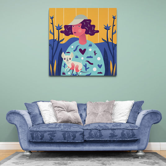 Ilustración de una persona con sombrero y su perro blanco en un jardín de flores azules