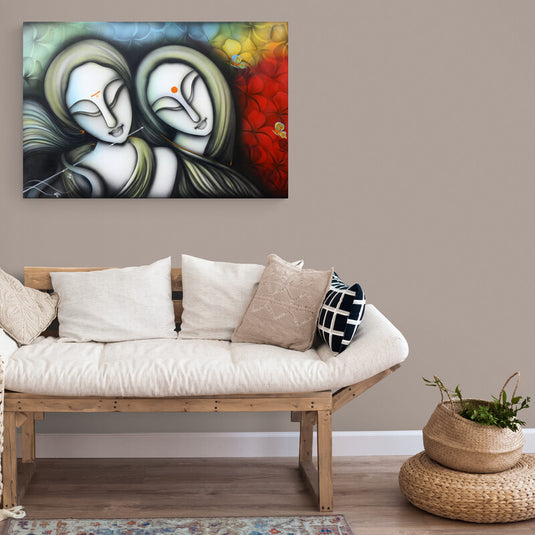 Rostros abstractos de dos figuras en armonía con fondo colorido y mariposas.