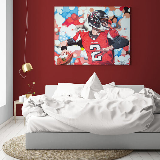 cuadro decorativo de jugador de fútbol americano – arte deportivo estilo pop-art con mariscal de campo NFL en uniforme rojo