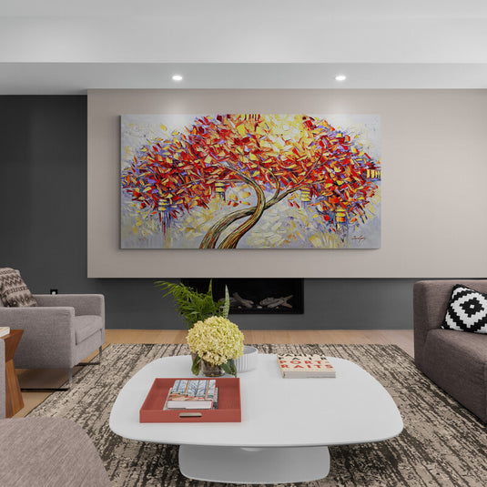 "Cuadro: Árbol con ramas cruzadas y hojas de colores vibrantes sobre fondo gris con toques de amarillo