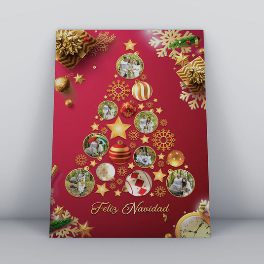 Cuadro Navideño Contemporáneo con Fondo Carmesí y Ornamentos Dorados Incorporando Fotografías Personales