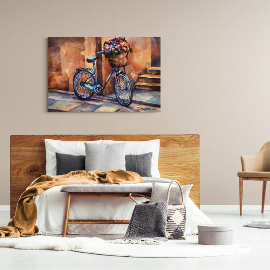 Bicicleta azul con flores en acuarela