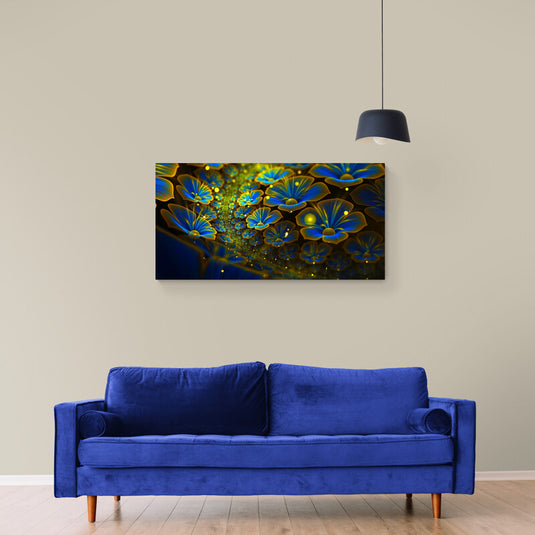 Flores luminosas azules y doradas