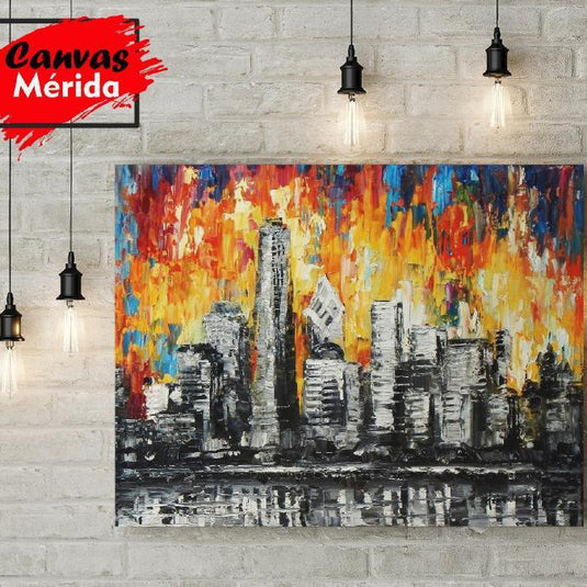 cuadro skyline en blanco y negro con cielo abstracto en tonos fuego – arte urbano expresivo para sala o estudio moderno