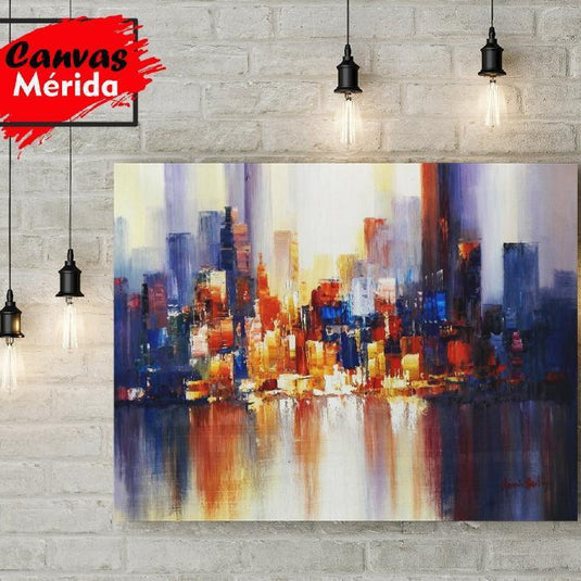 cuadro abstracto de ciudad al amanecer con reflejos naranjas y azules – skyline moderno para decoración contemporánea