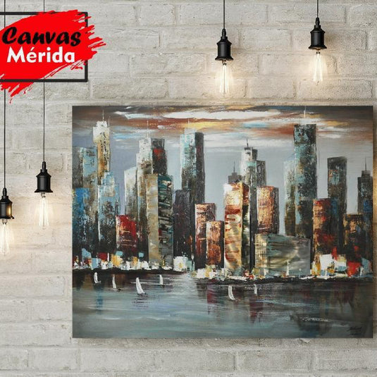 cuadro moderno del skyline de Nueva York al atardecer – pintura abstracta con edificios dorados y veleros sobre agua