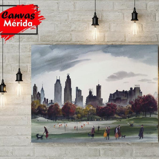 cuadro paisaje urbano de Nueva York con Central Park – pintura estilo acuarela con rascacielos y árboles de otoño