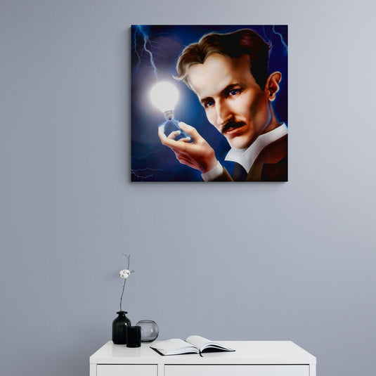 Cuadro decorativo de Nikola Tesla con bombilla encendida – arte moderno de inspiración científica con fondo azul eléctrico