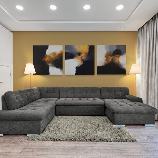Tríptico decorativo abstracto con contrastes en negro, blanco y dorado – arte moderno con efecto de explosión de luz para interiores contemporáneos y elegantes