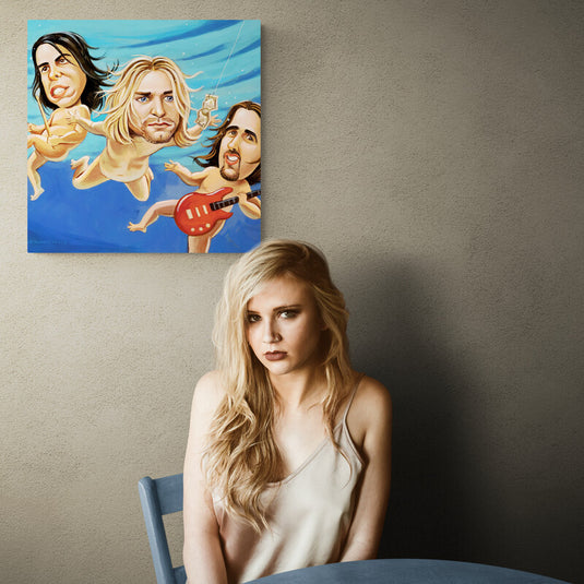 Cuadro decorativo caricatura banda de rock Nirvana – arte pop colorido inspirado en portada icónica bajo el agua