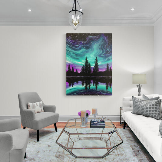 Lienzo de aurora boreal reflejada en un lago