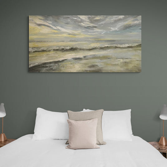 Pintura al óleo de un paisaje marino tranquilo al atardecer