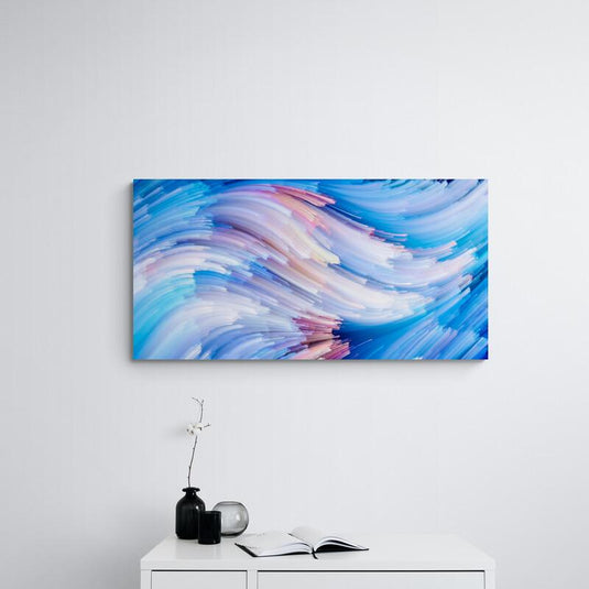 Pintura abstracta que evoca movimiento con pinceladas azules y rosadas