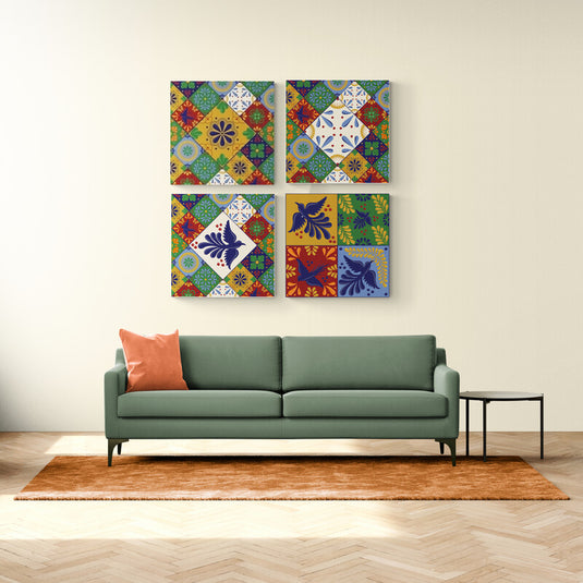 Set de cuadros decorativos estilo talavera mexicana con patrones florales y aves en colores vibrantes – arte folclórico para interiores con identidad cultural