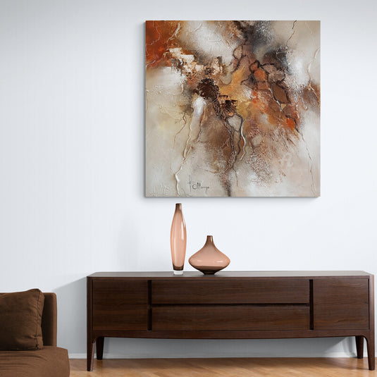 Pintura abstracta con texturas en tonos tierra y beige