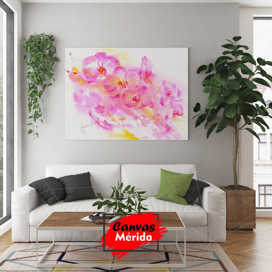 Orquídeas rosadas y amarillas estilo difuminado sobre fondo blanco
