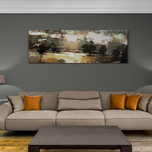 Cuadro abstracto con tonos terrosos marrón, beige y ocre, pinceladas texturizadas y estilo orgánico.