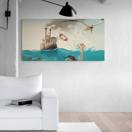 Cuadro Decorativo - Escena de Rescate en el Mar con Barco, Hombre, Salvavidas y Gaviotas