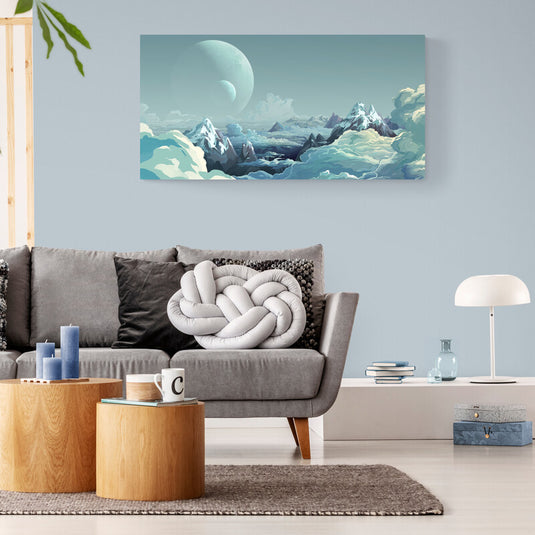 "Paísaje fantástico con montañas nevadas y planeta gigante en cielo azul"